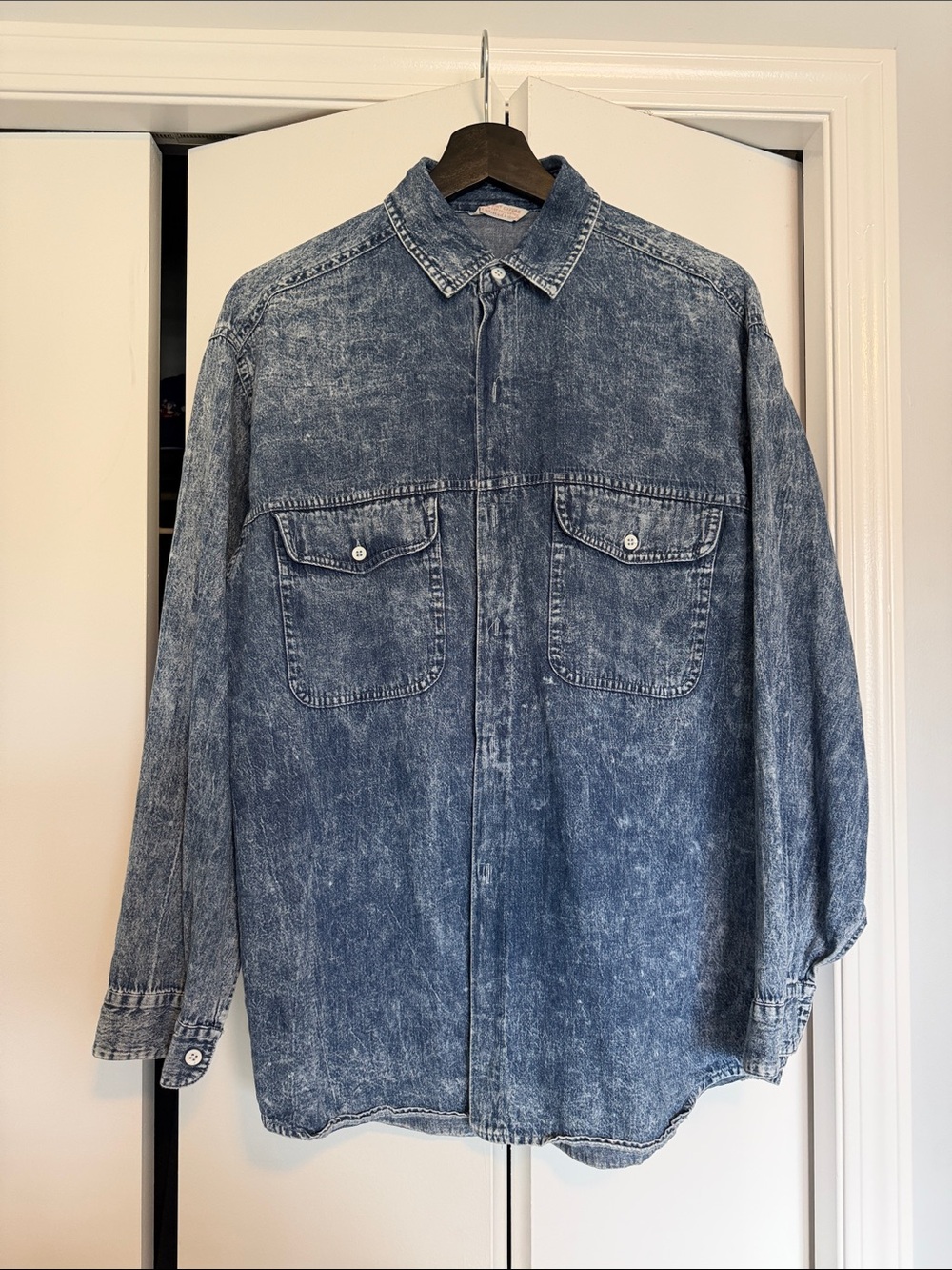 Washed Denim Button-Up Shirt with Chest Pockets